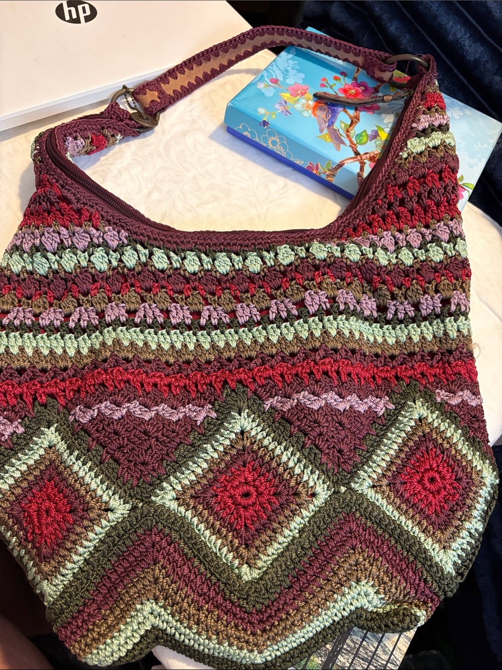 The Sak Crochet Shoulder Bag in Burgundy, Olive & Mint